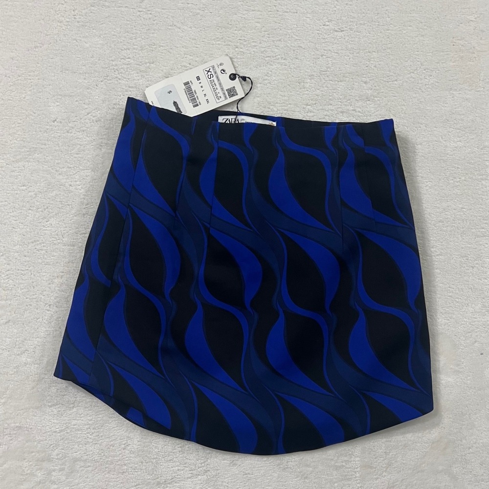 Zara Blue Black Abstract Wavy Print Mini Skirt High Waisted Size XS NWT 1063/346